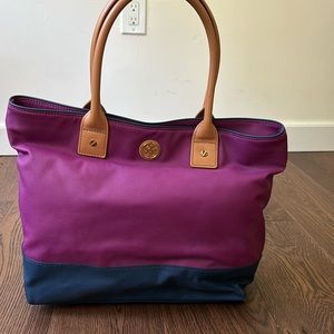 Tory Burch purple and navy color block tote with leather handles